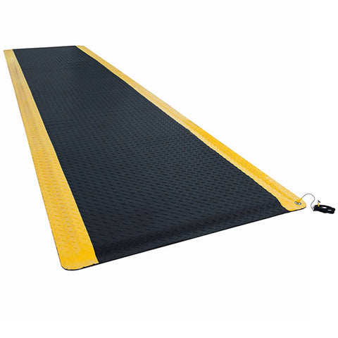 ESD Anti Fatigue Conductive Floor Mat Three By Twelve Foot Heavy Duty Diamond Plate With Soft Cushioned Sponge Non Slip Waterproof Ergonomic Floor Pad Thick Three Quarters Inch Black With Yellow Safety Border For Commercial And Industrial Use on white background