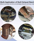 Multi-angle view of 2.25 Inch Exhaust Clamp Stainless Steel Lap Joint Band Clamp showing installation on exhaust systems.