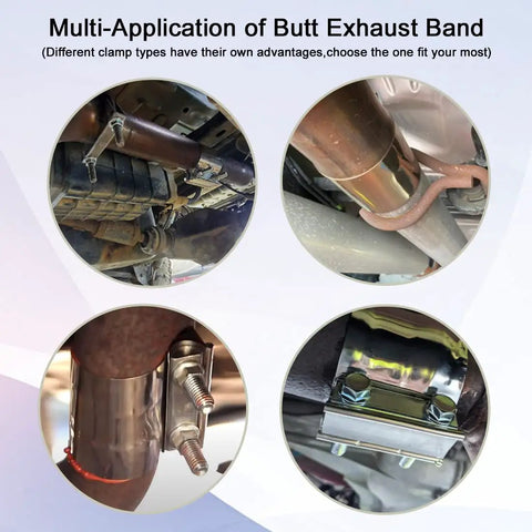Multi-application views of 2.5 Inch ID Exhaust Band Clamp Lap Joint Butt Clamps Beefy Heavy Duty T304 Stainless Steel With M10 Bolts