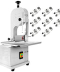 Heavy Duty Commercial Electric Bone Saw With Stainless Steel Table And Eight Replacement Blades 2500W Meat Bandsaw shown with eight replacement blades.