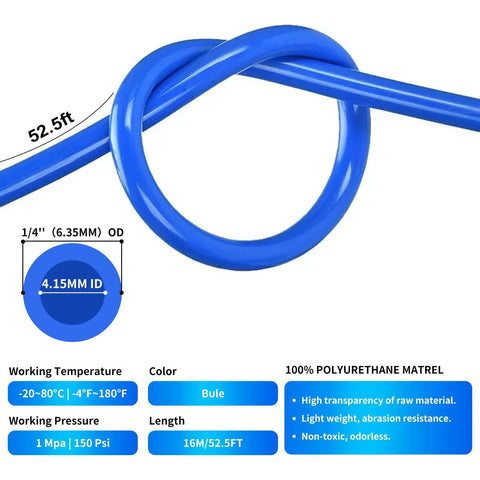 Close-up of blue polyurethane air hose, 1/4 inch (6.35 mm) OD, 52.5 ft long, with 4.15 mm ID diagram