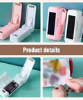 Portable Two In One Rechargeable Bag Sealer And Heat Sealer, handheld chip bag sealing tool shown open and sealing a snack bag.