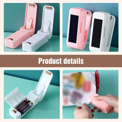 Portable Two In One Rechargeable Bag Sealer And Heat Sealer, handheld chip bag sealing tool shown open and sealing a snack bag.