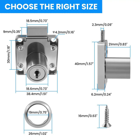 Heavy Duty Zinc Alloy Drawer Lock With Chrome Finish And Matching Screws dimensions for furniture installations.