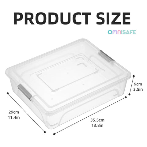 Stackable Plastic Storage Bins With Lids Four Pack 10 Quart Clip Boxes For Crafts School Projects Office Supplies And Home Organization BPA Free Durable And Stack Neatly In Cabinets Desks Or Workstations shown with dimensions in centimeters and inches