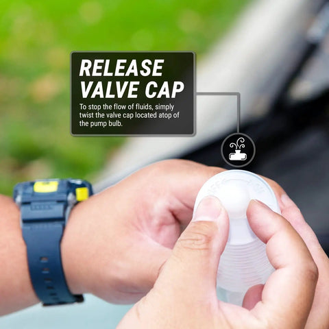 Hand demonstrating the release valve cap of a Heavy Duty Manual Siphon Hand Pump For Water And Fuel Transfer.