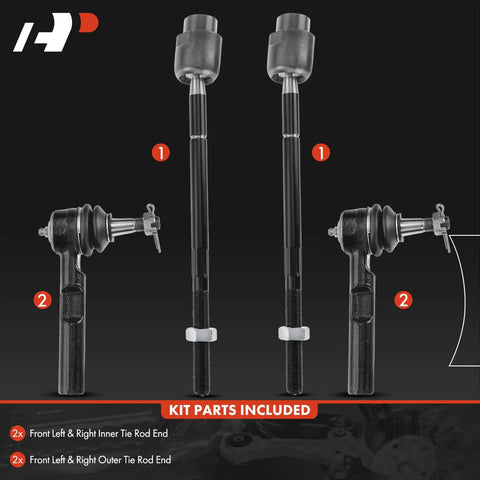 Front Inner And Outer Tie Rod End Kit For Chevy Malibu 2004-2012, Saturn Aura 2007-2009, And Pontiac G6 2005-2010, Replaces Worn Tie Rods To Tighten Steering, Stop The Wobble, And Keep Tire Wear Even., 4-piece steel black kit parts