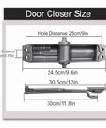 Diagram showing dimensions of Heavy Duty Automatic Door Closer For Commercial And Storm Doors With Soft Close Mechanism Adjustable Closing Speed Hydraulic Damper For Quiet Smooth Operation.