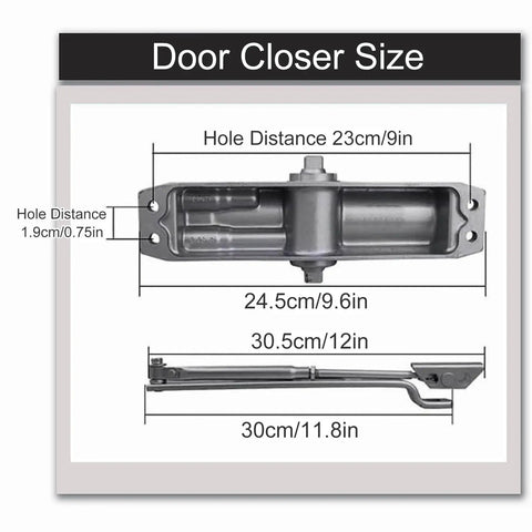 Diagram showing dimensions of Heavy Duty Automatic Door Closer For Commercial And Storm Doors With Soft Close Mechanism Adjustable Closing Speed Hydraulic Damper For Quiet Smooth Operation.