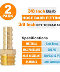 Front view of two-pack brass 3/8-inch NPT hose barb fittings with male threads to 3/8-inch barbed air hose connector