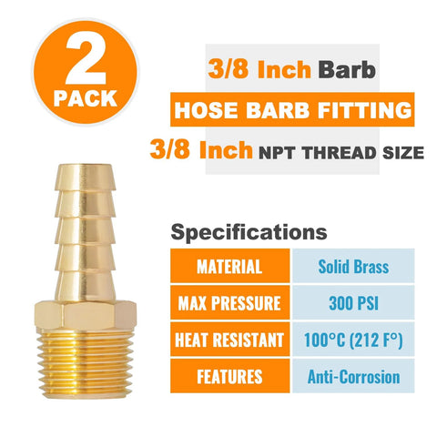 Front view of two-pack brass 3/8-inch NPT hose barb fittings with male threads to 3/8-inch barbed air hose connector