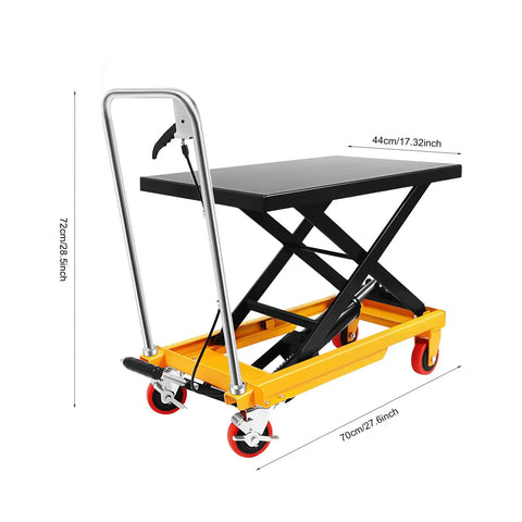 Heavy Duty Hydraulic Lift Table Cart With Smooth Rolling Locking Casters And Quick Fold Design, 28.5 Inch shown from the side
