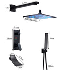 UMJIGF Shower System Black Led Digital Display Shower Faucet Set with Waterfall Tub Spout dimensions and components illustration.