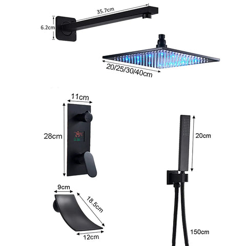 UMJIGF Shower System Black Led Digital Display Shower Faucet Set with Waterfall Tub Spout dimensions and components illustration.