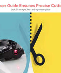 Close-up view of black laser-guided scissors with red laser dot on blade