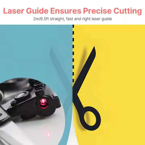 Close-up view of black laser-guided scissors with red laser dot on blade