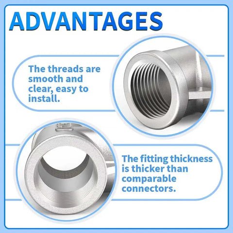 Stainless Steel 304 1 Inch NPT Female Tee Pipe Fitting advantages highlighting smooth threads and thick fitting for plumbing.