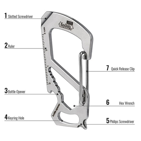 Stainless Steel 7 Tool Carabiner Clip Multitool With Quick Release Clasp Wrench Cross And Slotted Screwdrivers Bottle Opener Ruler And Key Holder