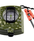 Rugged Survival Compass and Fire Starter Kit with Lensatic Sight in camo, waterproof and shakeproof for camping.