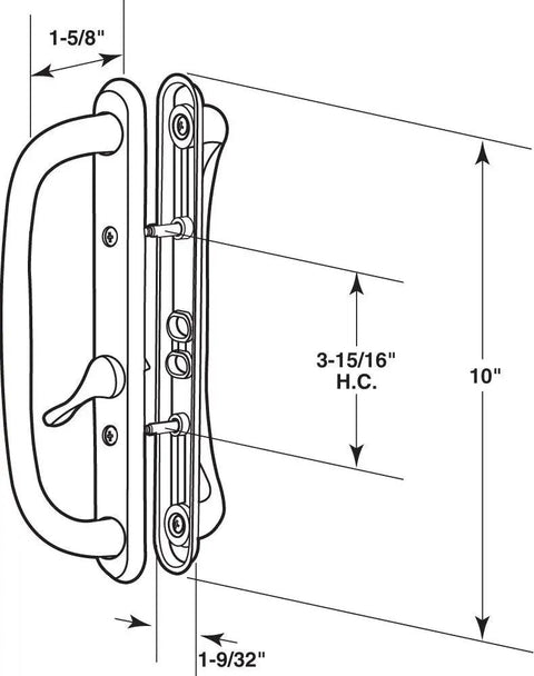 Diagram of White Diecast Sliding Door Handle Set With 10 Inch Pull For Reversible Left Or Right Patio Doors Includes Mounting Hardware And Keyable Option With E2195 showing dimensions.