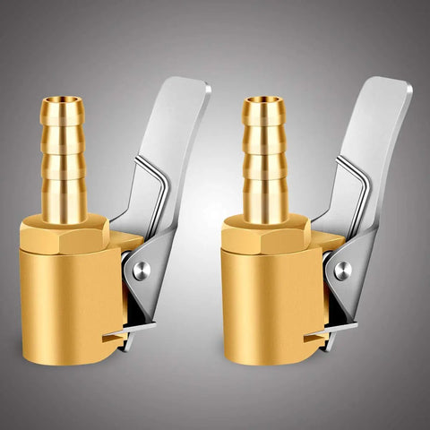 Two brass tire inflators with lock-on air chucks and one quarter inch barbed hose ends, designed for quick hose repairs.