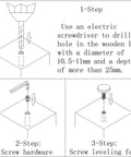 Installation steps for Heavy-Duty 5/16 Inch Threaded Leveling Feet For Furniture, showing how to drill and install hardware.