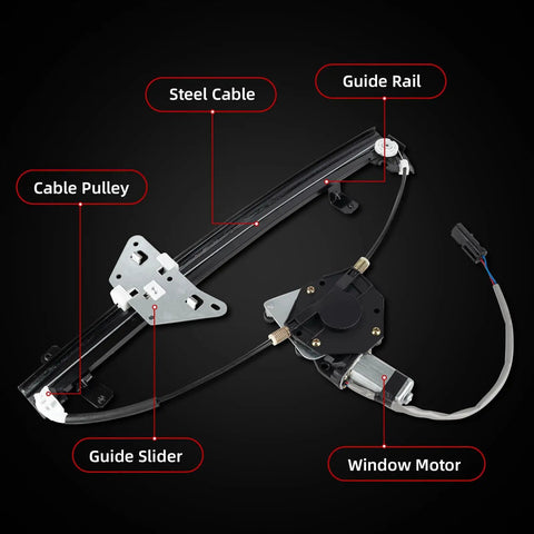 Rear Driver Side Power Window Regulator Assembly With Motor For Dodge Durango 1998 2003 And Dodge Dakota Pickup 2000 2004 Left Replacement Direct Fit Easy Install Durable Build Ready For Road showing guide rail, steel cable, window motor.