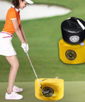 Golfer using Impact Power Golf Smash Bag for Swing Training Aids, Waterproof Durable Hitting Bag, Beast Mode Practice Partner, Black.