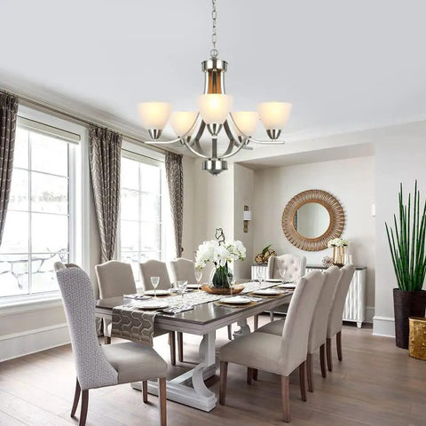 5-Light Dope Modern Chandelier With Alabaster Glass Shades In Brushed Nickel Finish Contemporary Candle Style Dining Room Light Fixture For Living Room Bedroom And Bathroom