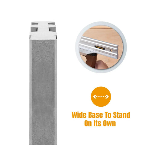 Side view of 18 Inch Straight Edge For Woodworking Pros showing wide base with inset image of hand holding aluminum piece