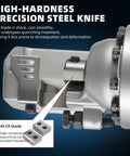 Heavy Duty Cordless Rebar Bender And Cutter With 360 Degree Rotation Portable Handheld Electric Hydraulic Tool For Cutting Rebar From 3/20 Inch To 7/8 Inch Comes With 18v Lithium Ion Batteries Included For Easy Job Site Use showing sharp steel knife and durable 40 CR blade.