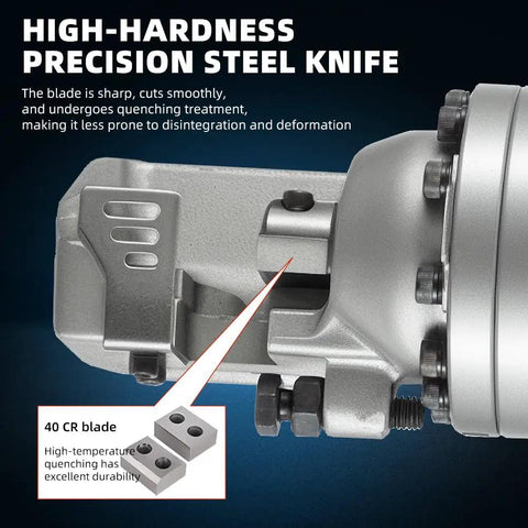 Heavy Duty Cordless Rebar Bender And Cutter With 360 Degree Rotation Portable Handheld Electric Hydraulic Tool For Cutting Rebar From 3/20 Inch To 7/8 Inch Comes With 18v Lithium Ion Batteries Included For Easy Job Site Use showing sharp steel knife and durable 40 CR blade.