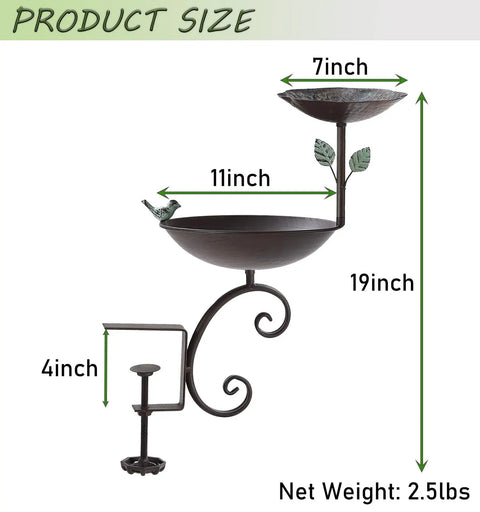 Dual Bowl Bird Bath For Deck Railing And Balcony Feeder, 11" bowl and 7" dish, powder-coated steel, 19" height.