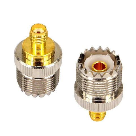 SMA Female to SO239 PL-259 Coax Adapter Two Pack for UHF Radios and Walkie Talkies Baofeng CB SDR UV-5R Series, gold pins, brass shell.