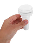Person holding marine thru hull drain outlet for boats and yachts with straight air vent garboard drain for bilge and cooling system