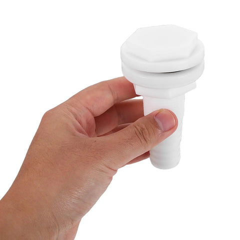Person holding marine thru hull drain outlet for boats and yachts with straight air vent garboard drain for bilge and cooling system