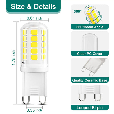 G9 LED Bulb 4W Cool White 6000K, 400 Lumens, 40W Halogen Equivalent, T4 Bi Pin, Non Dimmable, Size and Details