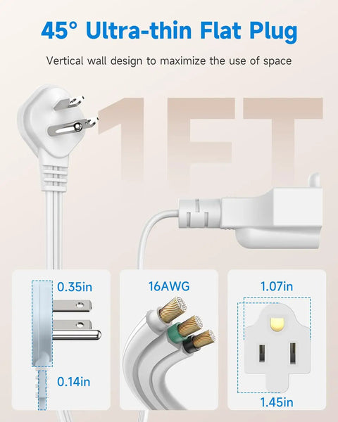 Flat Plug Extension Cord 1Ft White 90 Degree Right Angle Plug Low Profile 3 Prong Indoor Grounded Power Adapter details