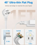 Flat Plug Extension Cord 1 Ft White 90 Degree Right Angle No Block Outlets Low Profile Wall Friendly Space Saving 3 Prong Indoor Grounded Small Power Cord 16 AWG 13A 1625W Pack Of 3, 45° flat plug view