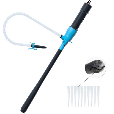 Plug And Play Battery Powered Siphon Pump For Gasoline Diesel And Water Transfer No Sweat Utility Fluid Pump With Integrated Filter And Heavy Duty Clamping Clip Two Point Two Gallons Per Minute image showing pump and filter accessories.