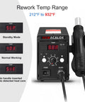 Hot Air Rework Station With Fahrenheit And Celsius Digital Display showing temperature range for desoldering gun kit