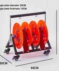 Rugged Metal Wire Dispenser Rack And Cord Reel Organizer For Electricians with orange spools and wheels, 29cm diameter plate.
