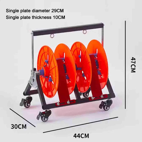 Rugged Metal Wire Dispenser Rack And Cord Reel Organizer For Electricians with orange spools and wheels, 29cm diameter plate.