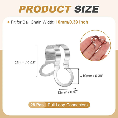28Pcs Ball Chain Loop Connectors 10mm Pull Loop Crimp Links For Bead Chains Stainless Steel Durable And Corrosion Resistant Easy Install Attachments For Ceiling Fans And DIY Jewelry Projects. 10mm stainless steel pull loop connectors with 25mm length