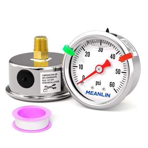 Stainless Steel Glycerin Filled Pressure Gauge Zero To Sixty Psi One Eighth Inch NPT One And A Half Inch Dial Back Mount