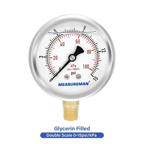 MeasureMan glycerin-filled pressure gauge with brass threaded connection, dual 0-15 psi/kPa scale.