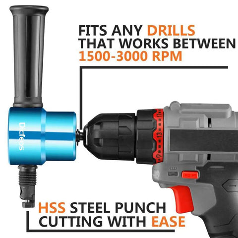 Double Head Metal Sheet Nibbler Cutter For Drill Circle Cutting Kit attached to electric drill, showing fitting details with RPM range
