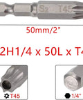 Heavy Duty T45 Torx Security Bits 10 Piece With Rock Solid Magnetic Quarter Inch Hex Shank For Tough Home Projects And Pro Grade Power Drilling Built Like A Tank From Premium Alloy Steel To Keep Your Screws Locked Tight And Fix Things No Sweat - close-up view of T45 bit with hex shank.