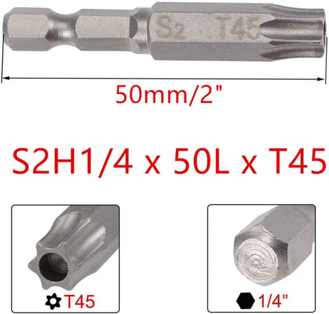 Heavy Duty T45 Torx Security Bits 10 Piece With Rock Solid Magnetic Quarter Inch Hex Shank For Tough Home Projects And Pro Grade Power Drilling Built Like A Tank From Premium Alloy Steel To Keep Your Screws Locked Tight And Fix Things No Sweat - close-up view of T45 bit with hex shank.