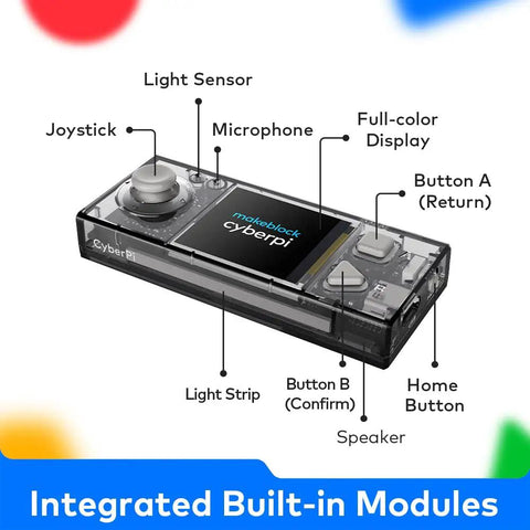 CyberPi Project Based Kit For Kids Ages 8 To 12 With Scratch And Python Coding Support A Fun STEM Programmable Robot With IoT Tech And Built In WiFi Module For Hands On Learning And Real World Projects. Integrated built-in modules with joystick, display, buttons, speaker, light sensor